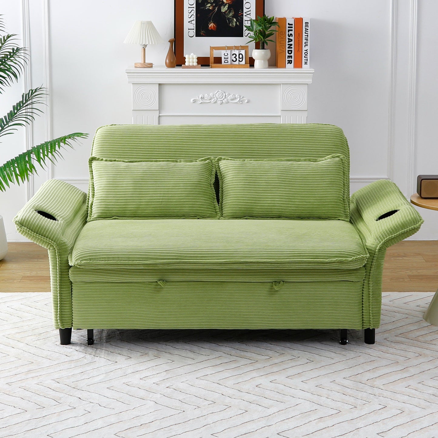 65.74-Inch Green Multi-Functional Sofa Bed with Adjustable Armrests