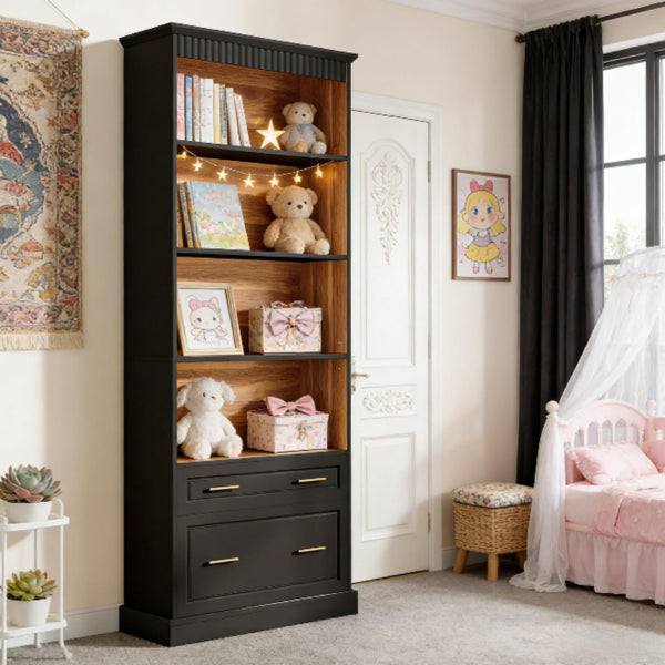 Tall White Bookshelf with Drawers - Modern Home Office Storage