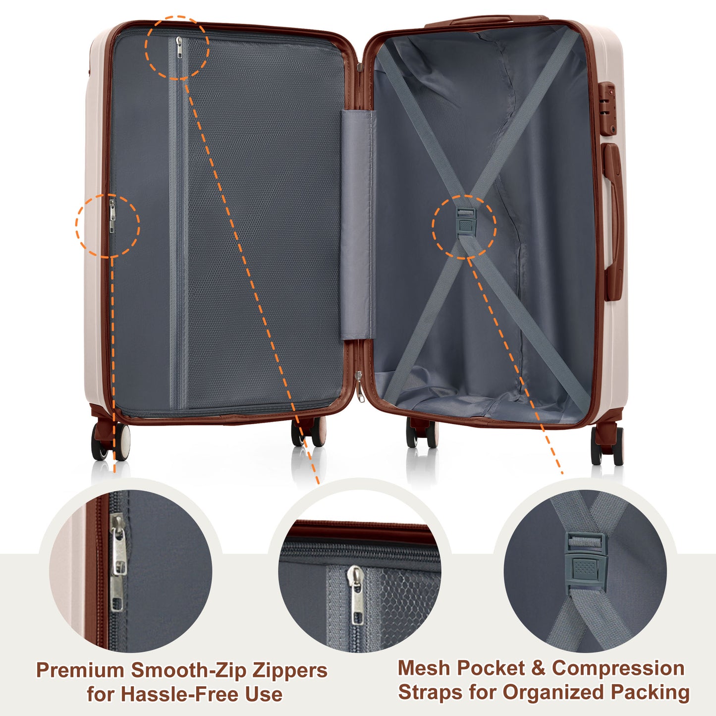 Premium ABS Travel Luggage Set - 3-Piece Suitcase with TSA Lock, Spinner Wheels, Ivory