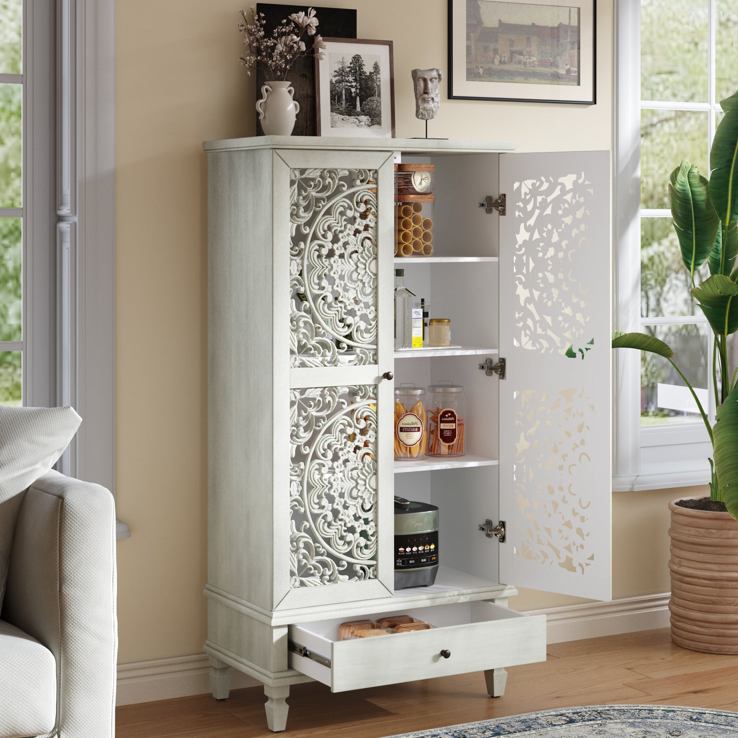 Rustic 55" Tall Storage Cabinet with Drawer - Antique Grey White