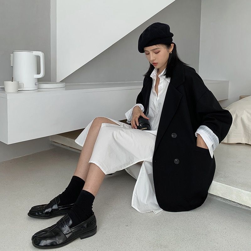 Women's Double Breasted Coffee Suit Jacket - Mid-Length