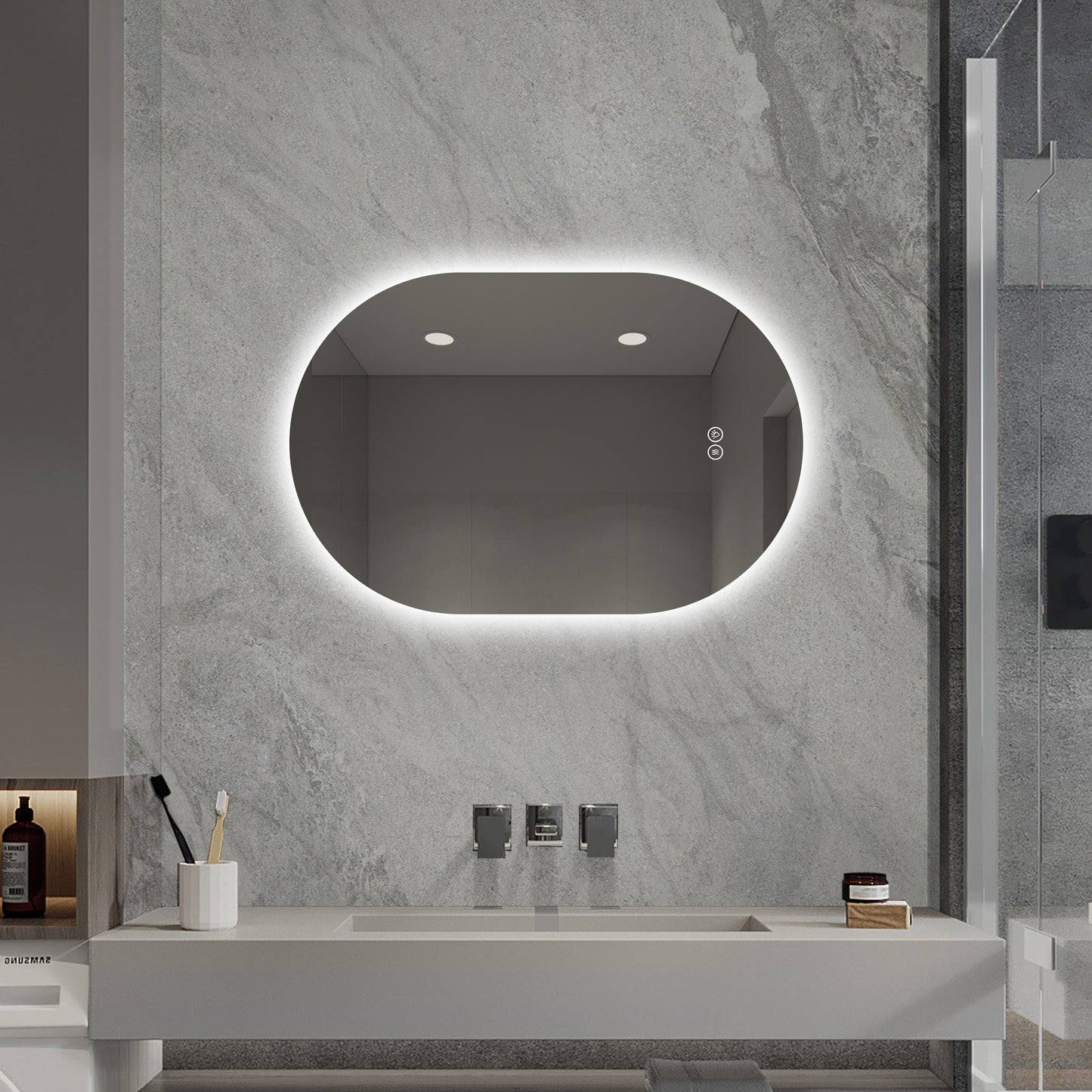 24x36 Capsule LED Backlit Bathroom Mirror - Antique Silver