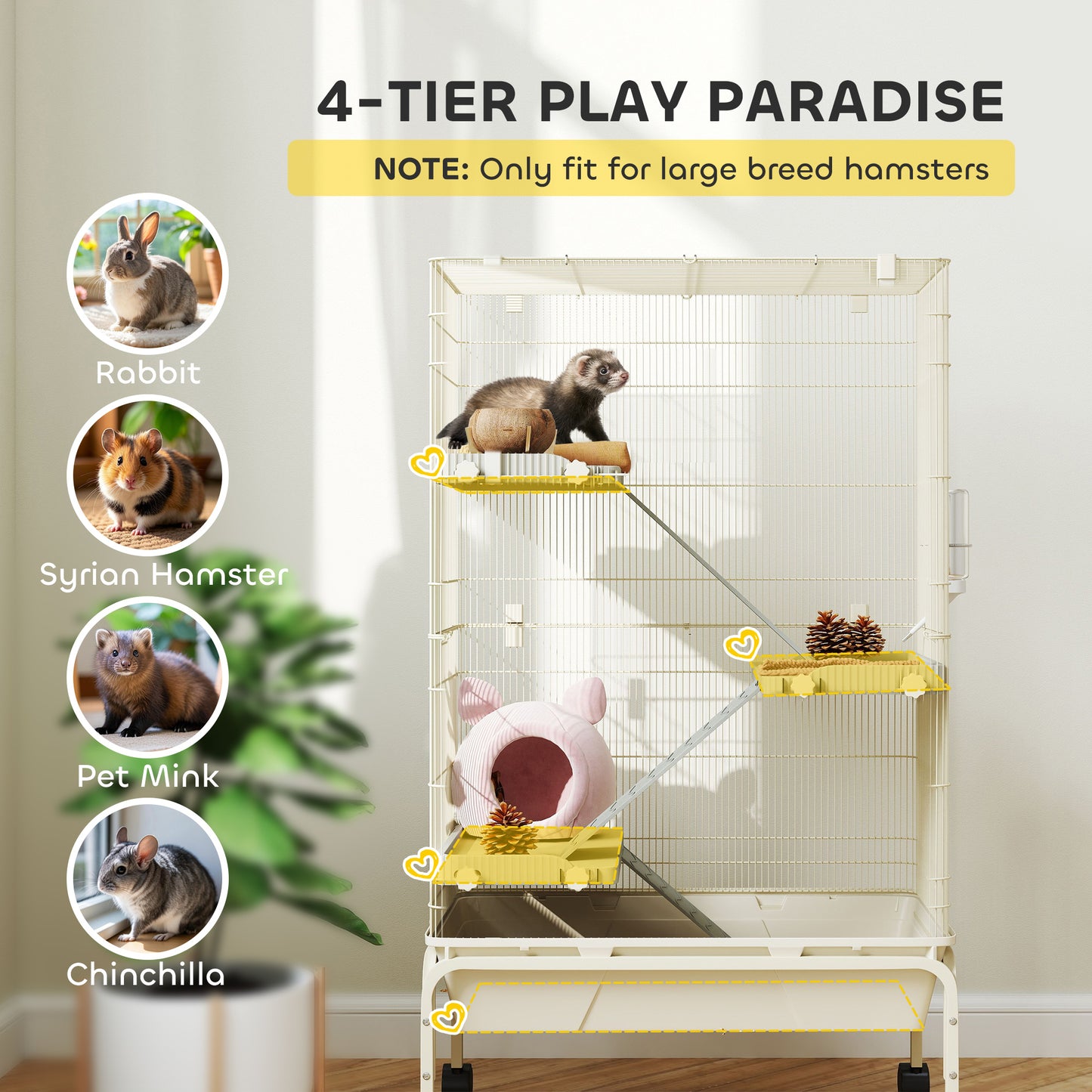 Small Animal Cage with 4 Levels and Rolling Metal Frame - Beige, 47 Inches