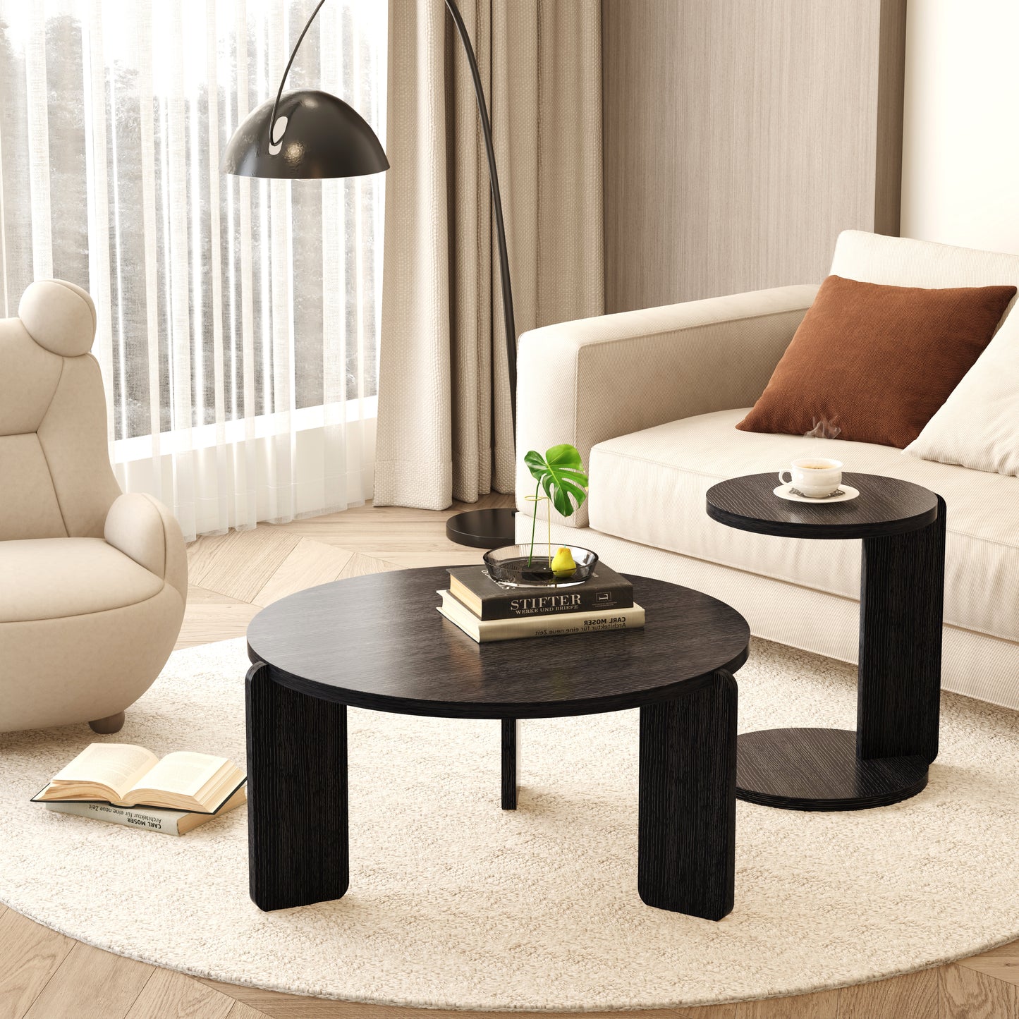 32.68 Inch 83 Cm Diameter Nesting Round Wood Coffee Table With End