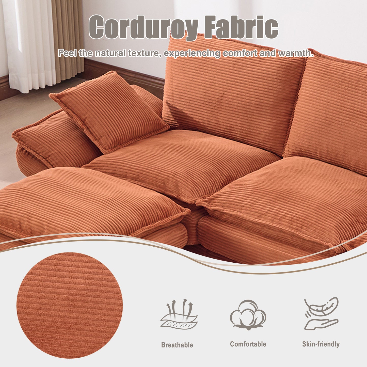 Modular Cloud Sofa - Comfy Corduroy Sectional for Living Room - Orange
