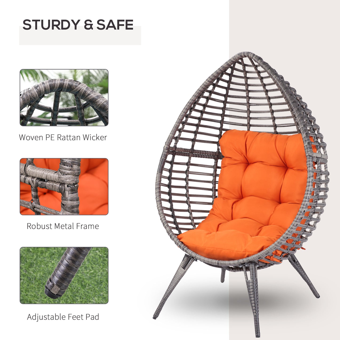 Wicker Egg Chair with Cushion - Teardrop Outdoor/Indoor Seat - Orange