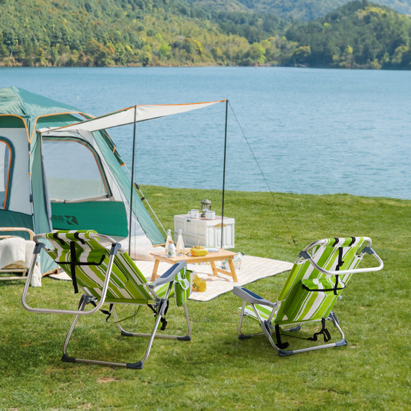 Lightweight Folding Beach Chair - Green Stripes, Adjustable Back