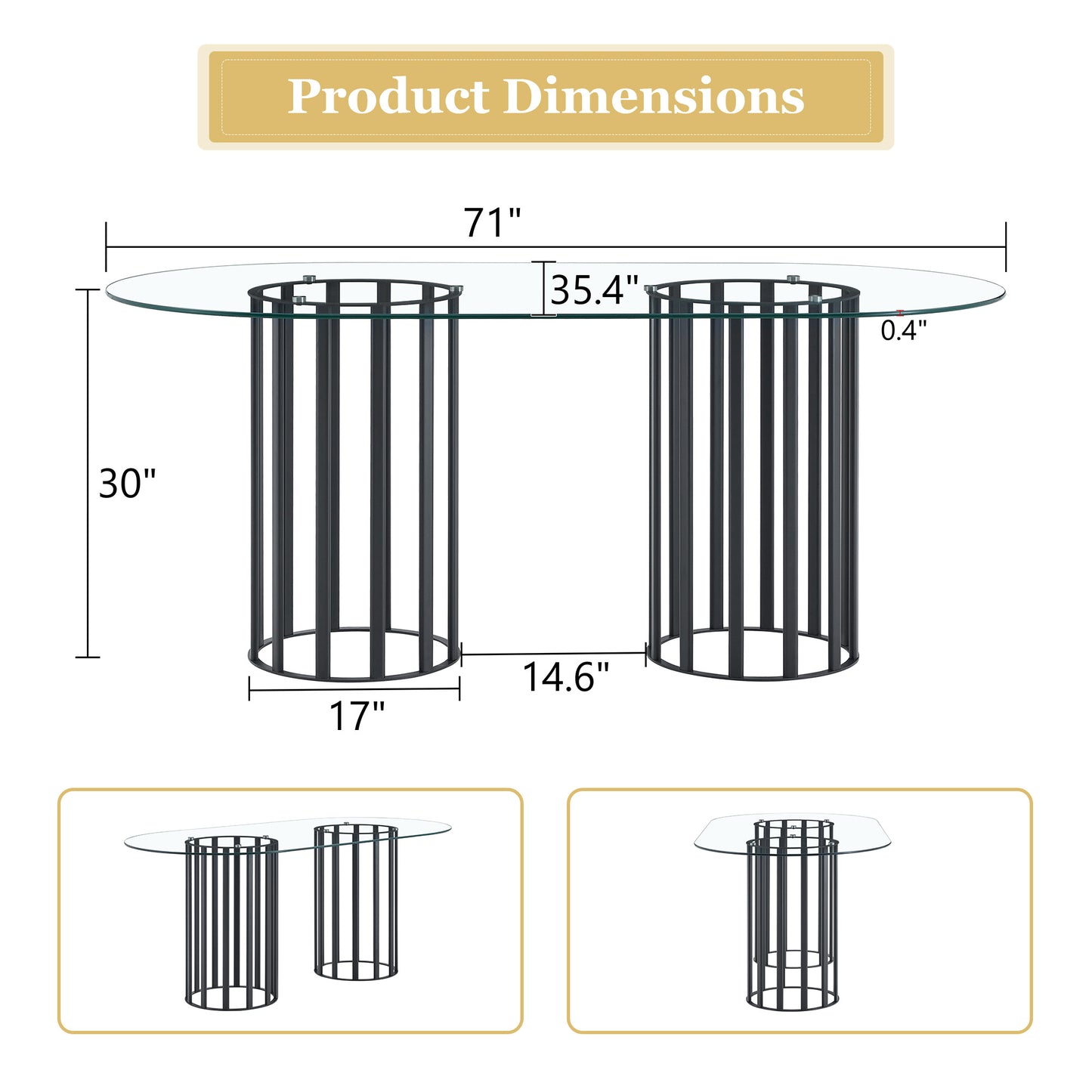 71 Inch Oval Tempered Glass Dining Table,black Double Column Light