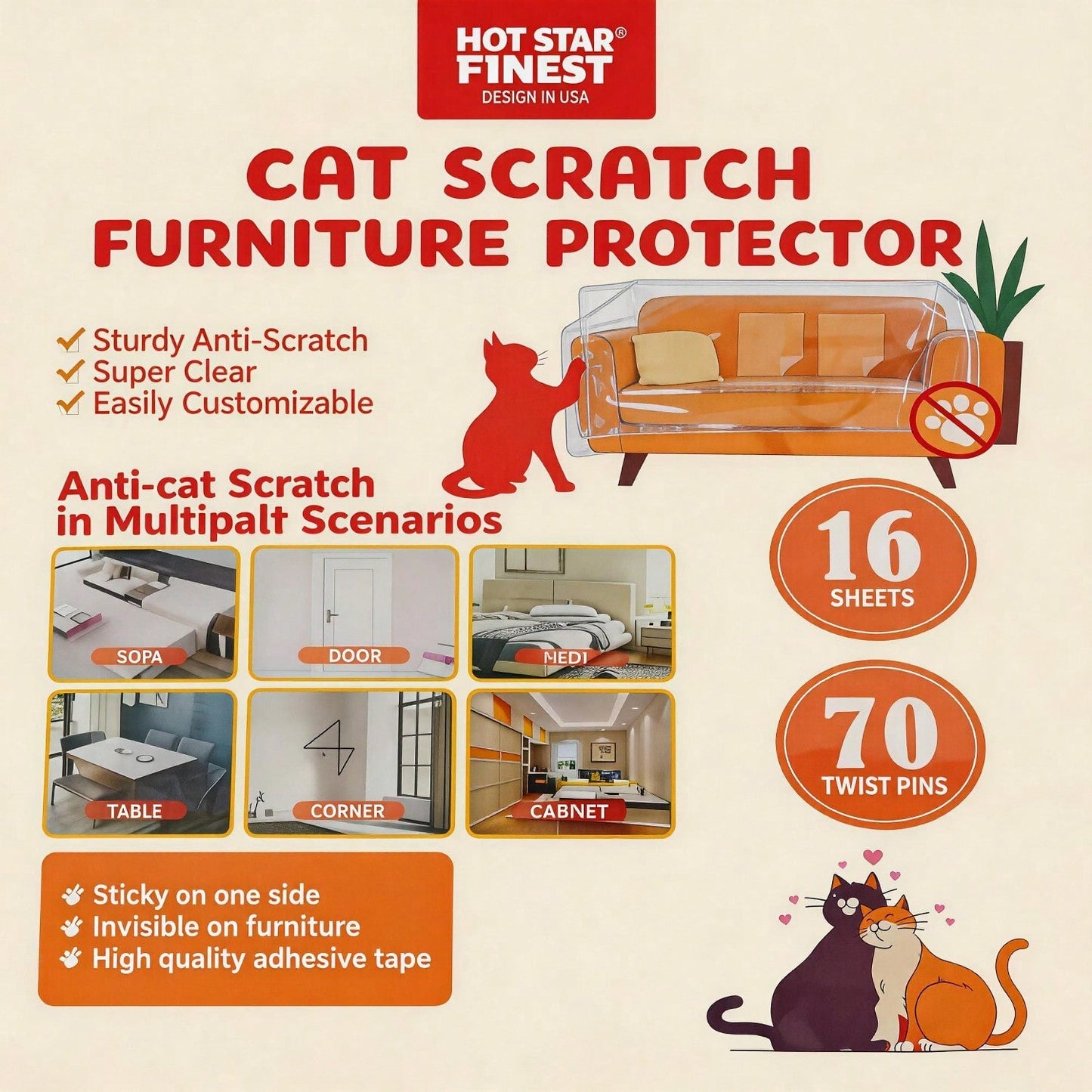 Cat Scratch Furniture Protector Set - Clear Anti-Scratch Sheets for Sofa, Door, Bed, Table, Cabinet