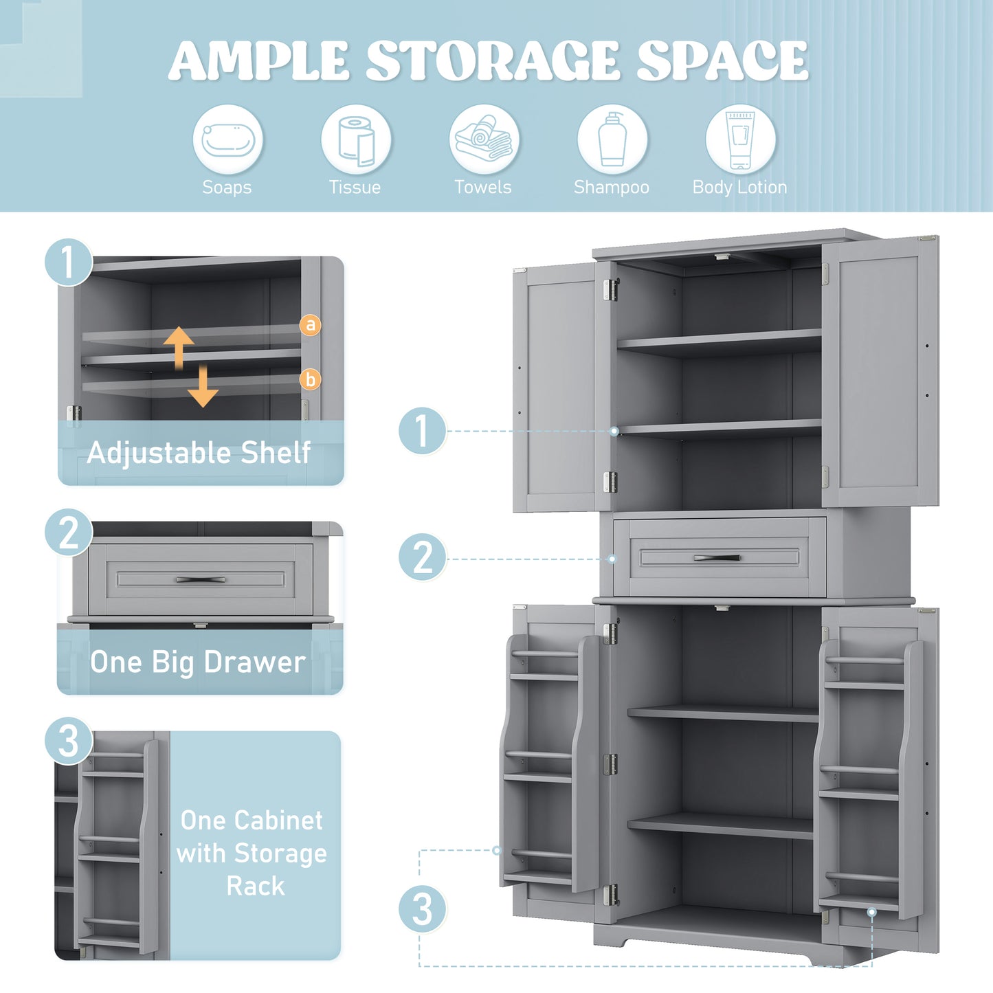 Multi-Functional Bathroom Storage Cabinet with Adjustable Shelf - Grey