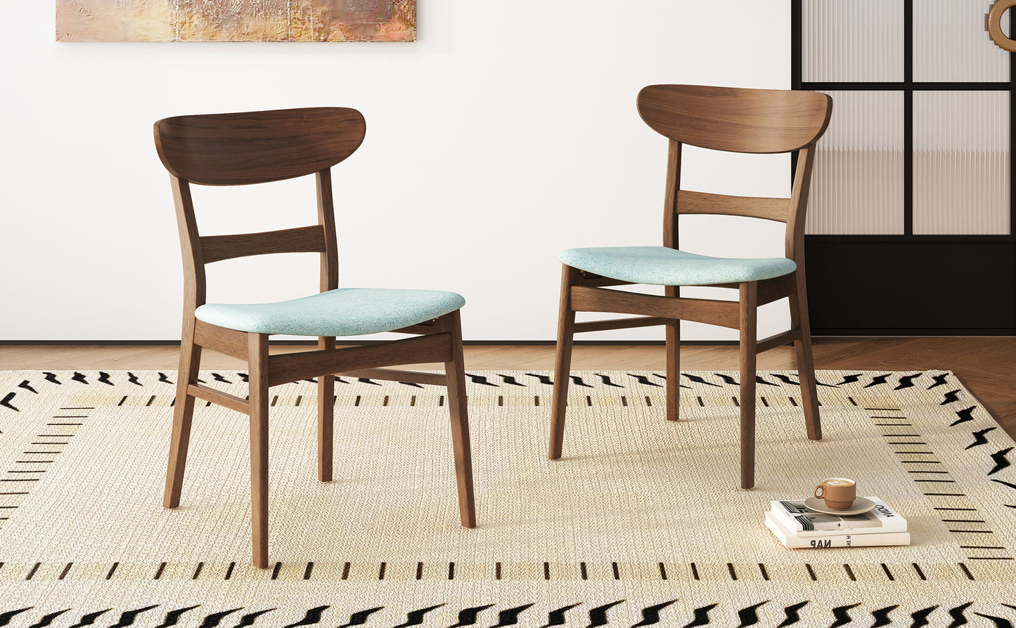 Set of 2 Mid-Century Dining Chairs - Upholstered Seat, Rubberwood Legs