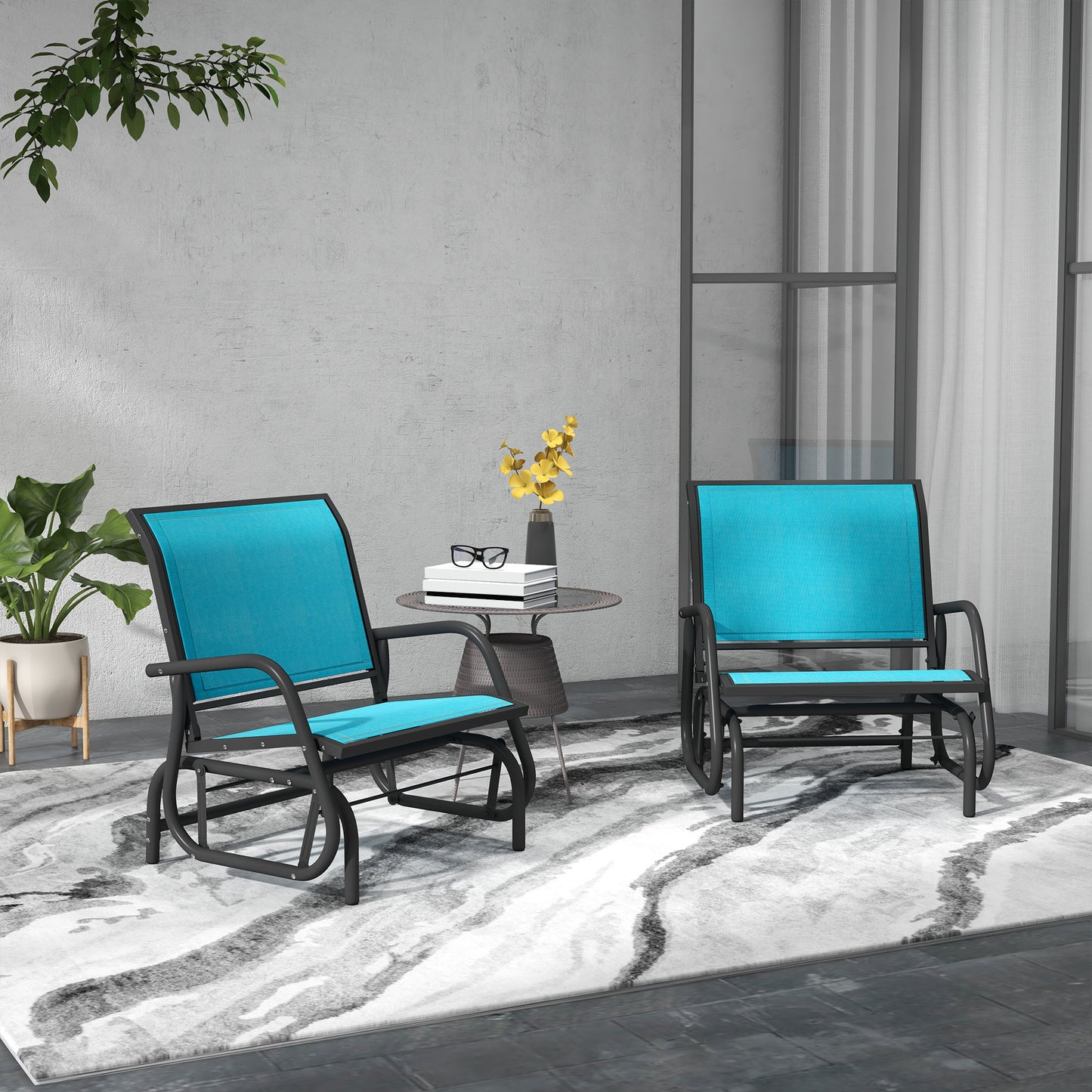 Outdoor Glider Chair Set - Steel Frame with Curved Armrests, Blue