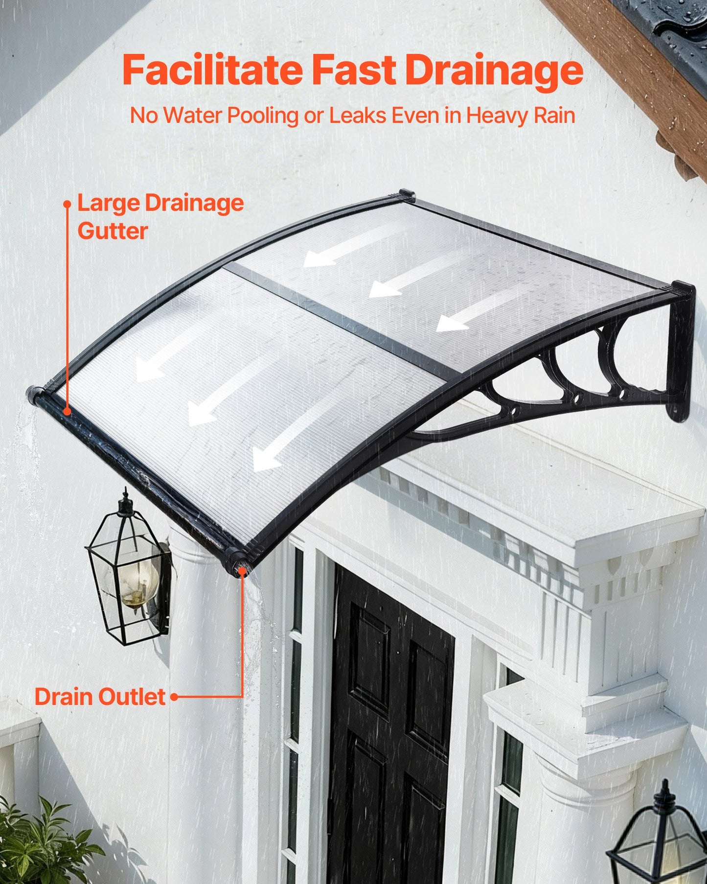 Clear Polycarbonate Door Awning 38x40 In with Drainage & ABS Brackets for Porch & Patio