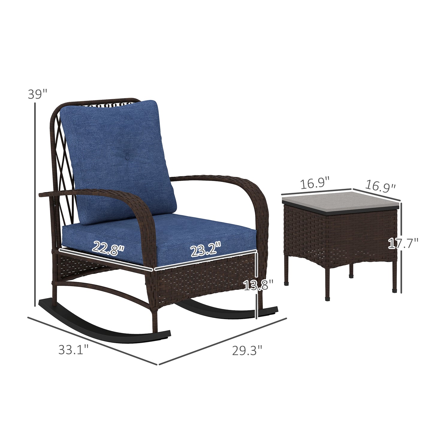 3-Piece Wicker Patio Furniture Set - Brown Rocking Chairs with Table