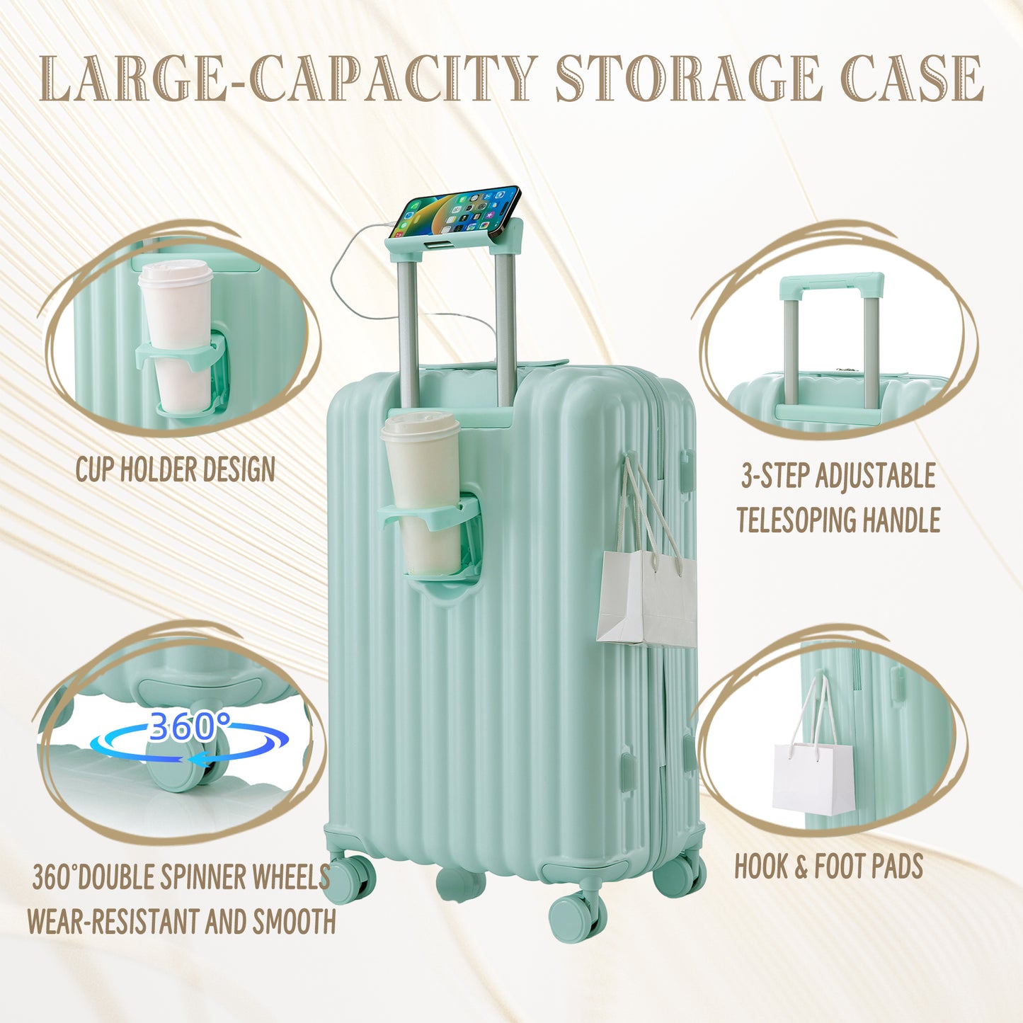 3-Piece ABS Spinner Wheel Luggage Set with USB Port & Cup Holder - Mint Green