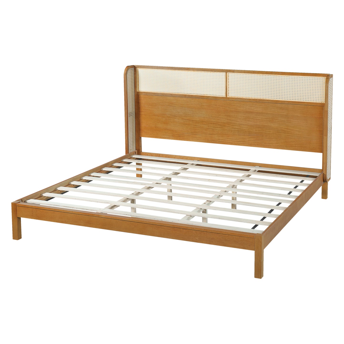 King Platform Bed Frame with Headboard - Natural Rubber Wood