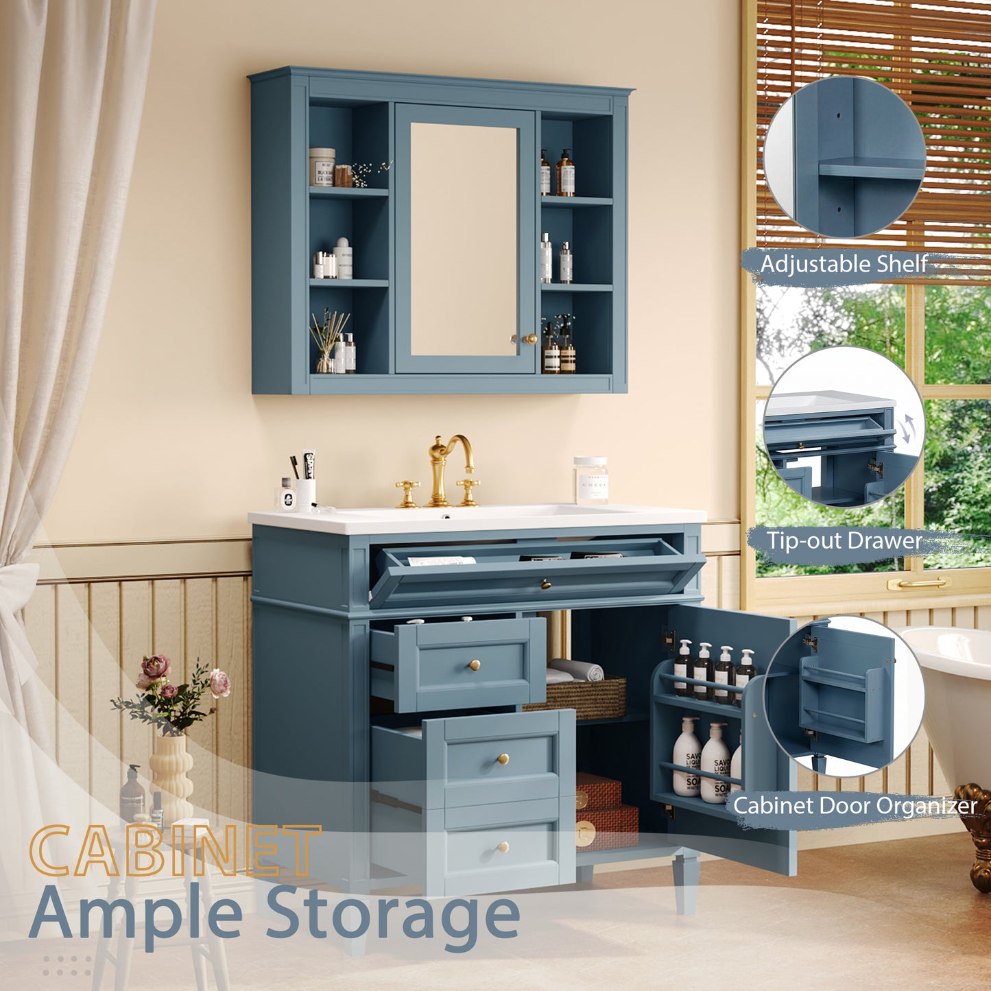 36'' Indigo Blue Bathroom Vanity with Medicine Cabinet & Sink