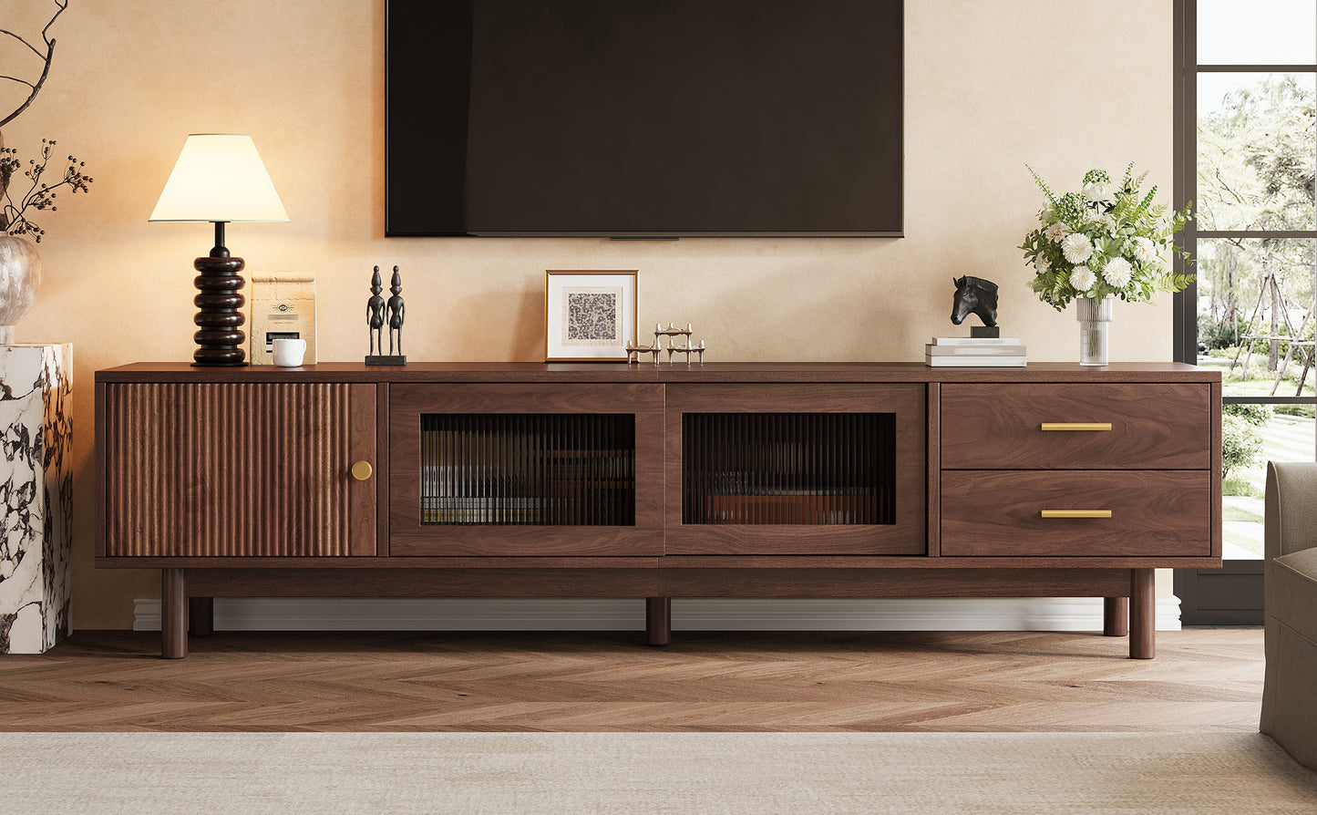 70-Inch Mid Century Modern TV Stand with Glass Sliding Doors
