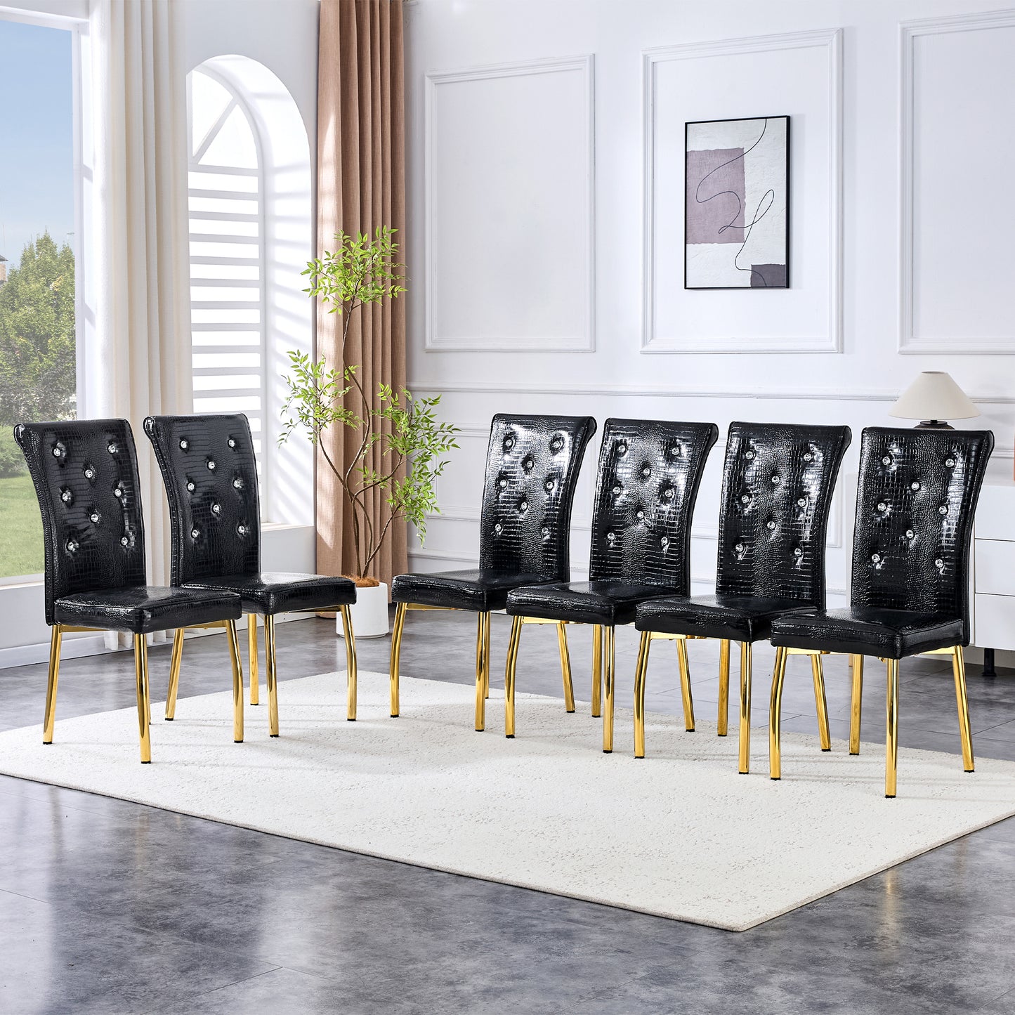 Set of 4 Retro Alligator Skin Dining Chairs with Crystal Buckle - Black & Gold