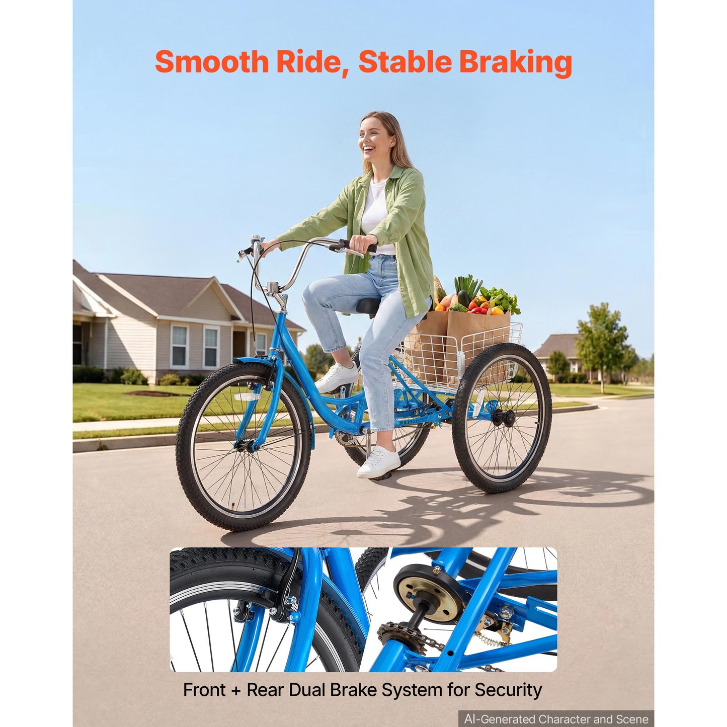 Adult 24 Inch Tricycle with Cargo Basket and Adjustable Seat - Women Men Seniors Cruiser Bike