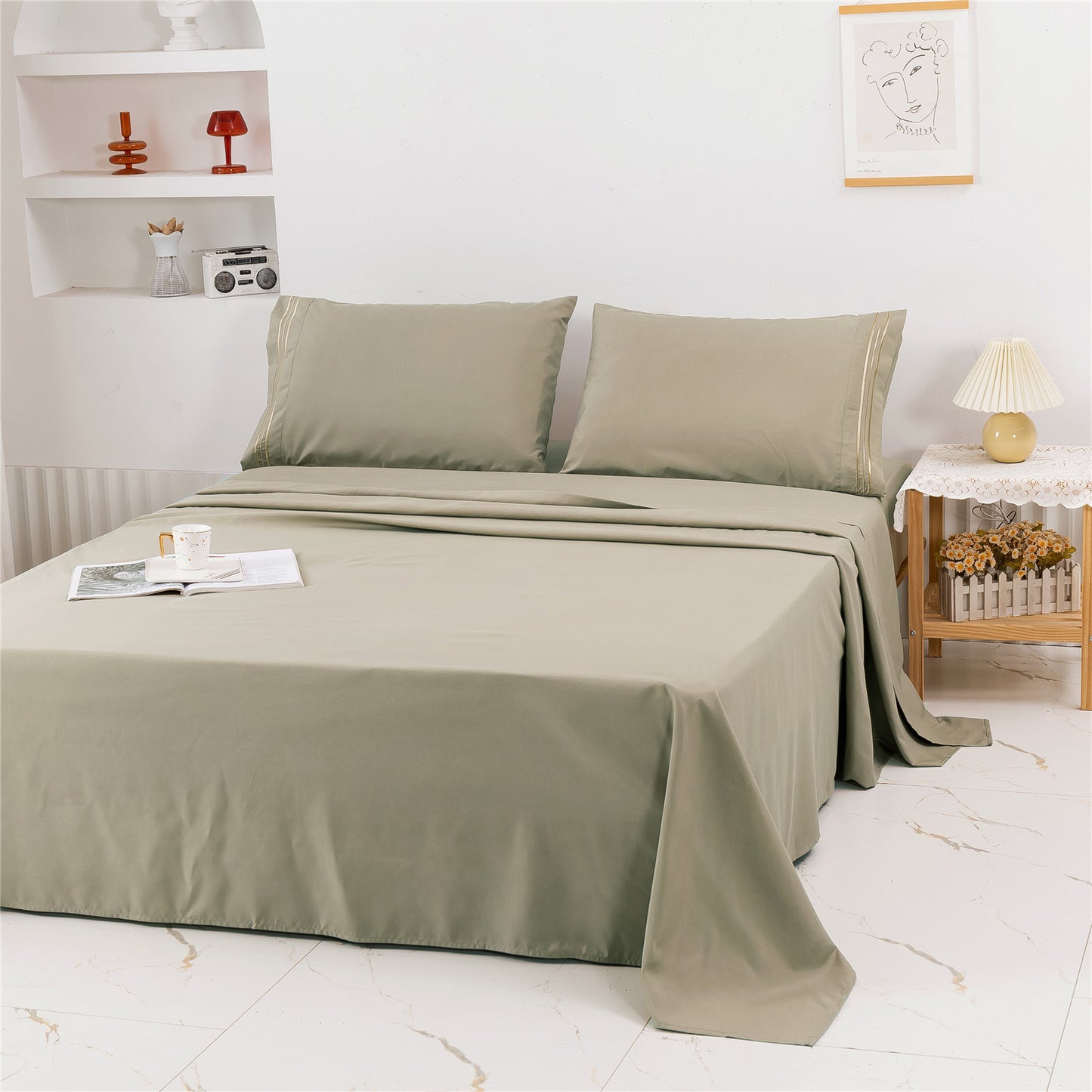 Embroidered Solid Color Bedding Set - Bed Sheets Pillowcases & Quilt Cover
