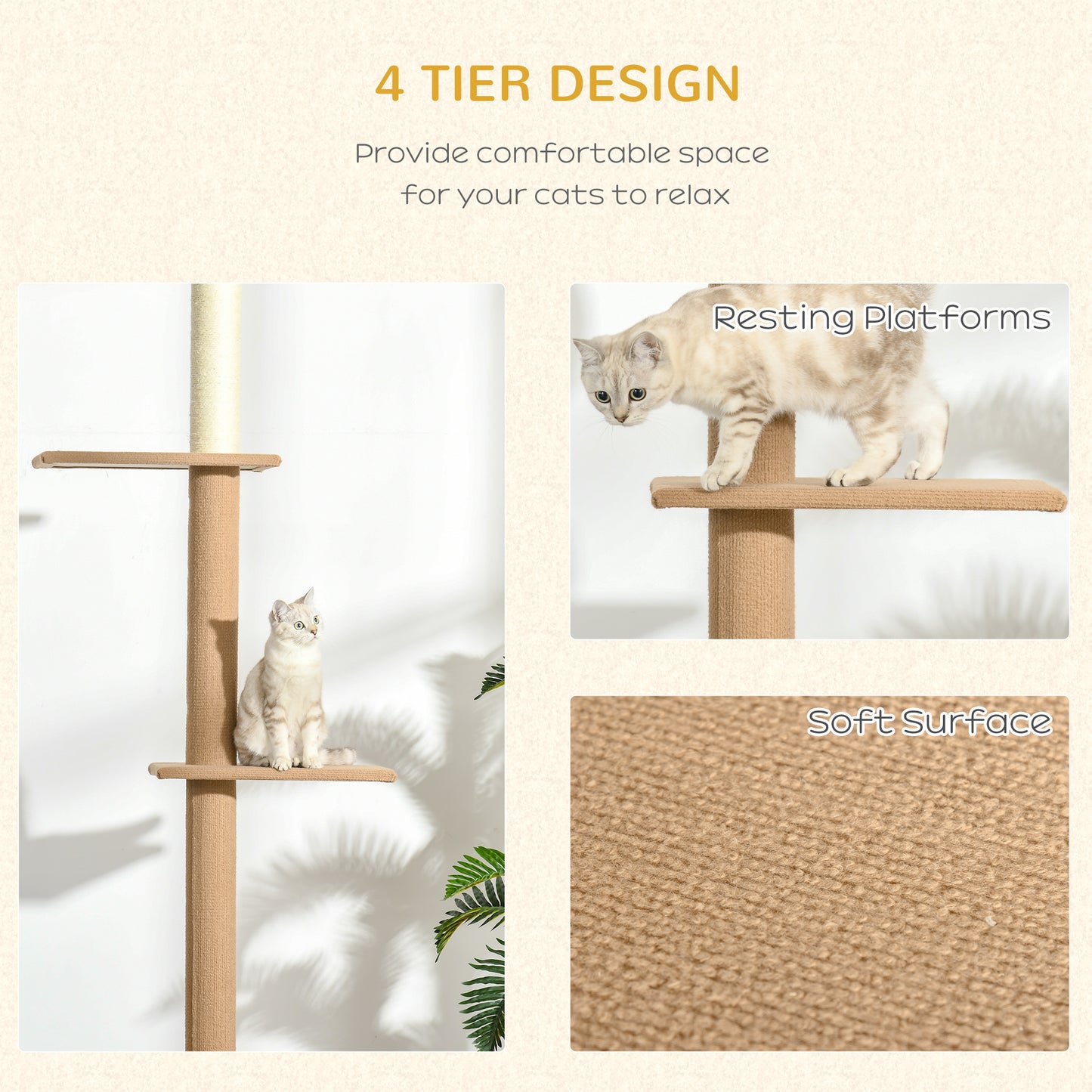 Floor-to-Ceiling Cat Tree Tower with Sisal Scratching Posts - Light Brown, 580x290x280 mm