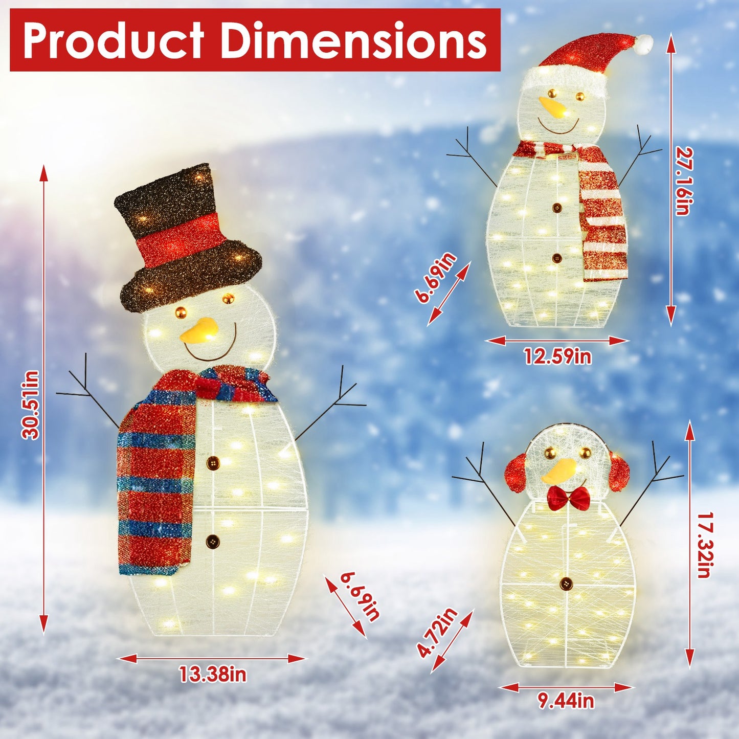 3Pcs Christmas Snowman Family Yard Decoration with LED Lights