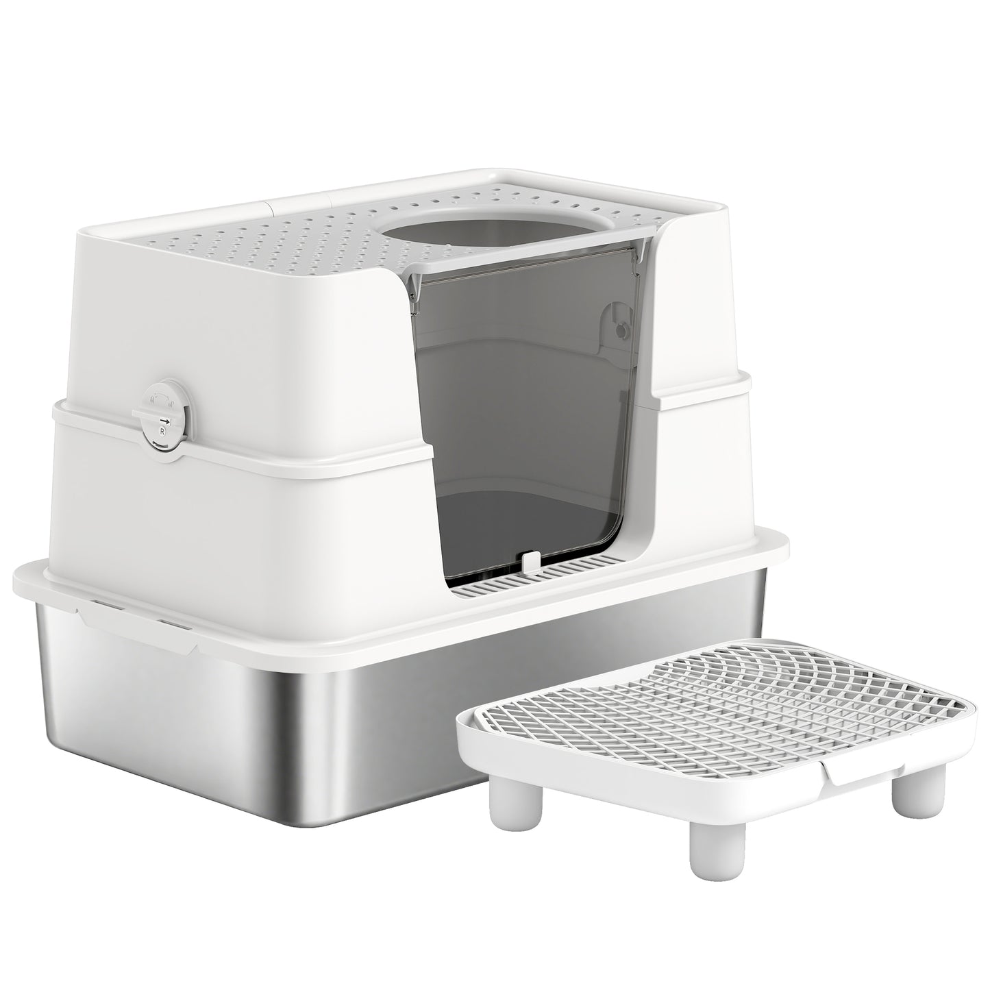 Large Enclosed Cat Litter Box with Top & Side Entry - Stainless Steel, Gray