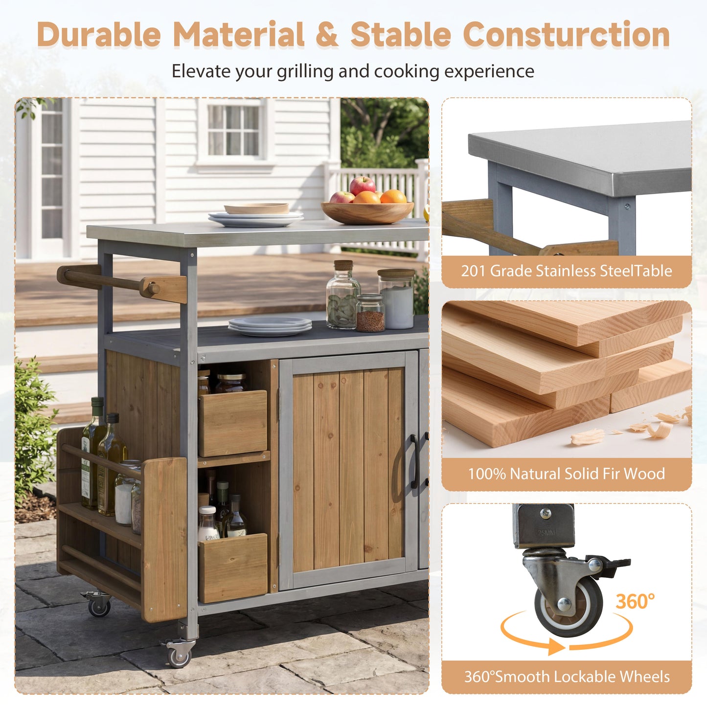 54.33 Farmhouse Rolling Outdoor Kitchen Cart, Solid Wood Frame With