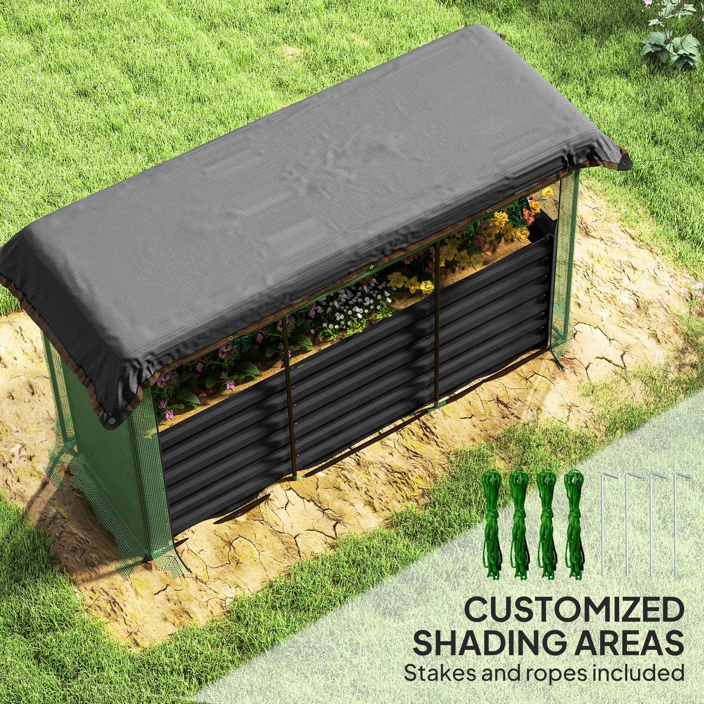 Galvanized Steel Raised Garden Bed with Crop Cage and Shade Cloth - Dark Gray, 695x355x185 mm