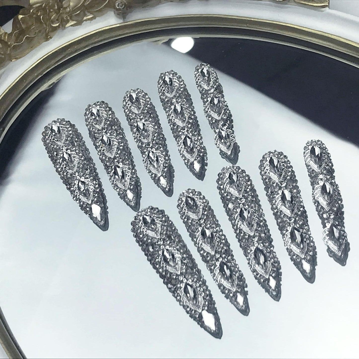 Glacial Empress Handmade Almond Press-On Nails with 3D Crystal Diamonds