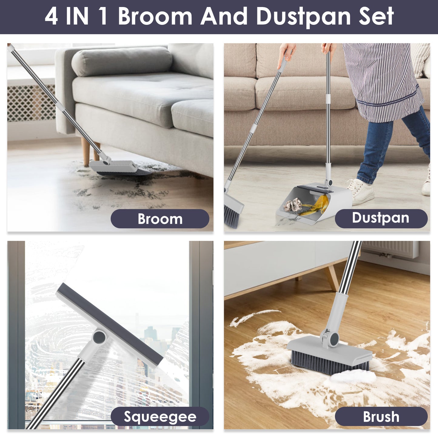 4-in-1 Stainless Steel Handle Broom and Dustpan Set for Indoor Outdoor Cleaning