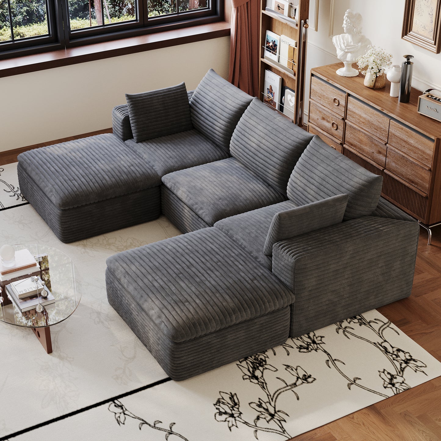 102" Cloud Sofa - Corduroy Fabric, Deep Seat, Removable Cushions, Dark Grey