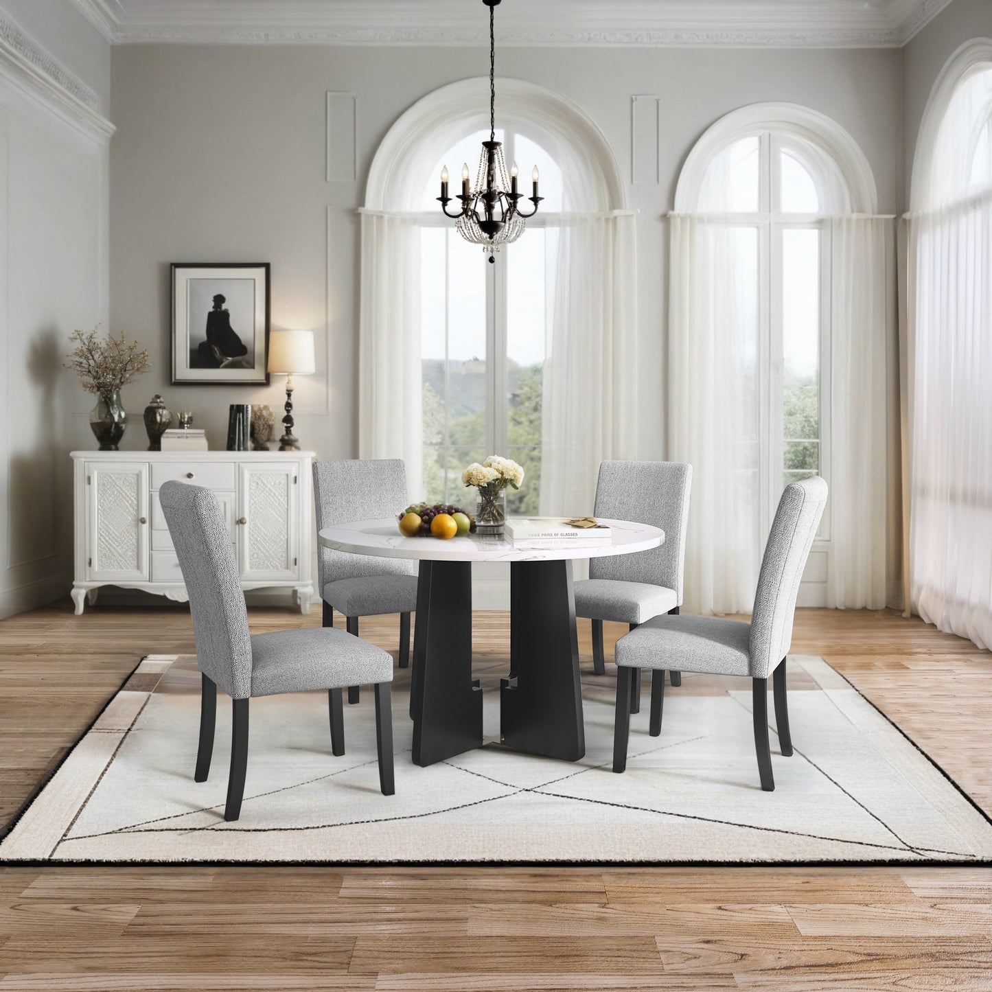 5-Piece Round Dining Table Set, 43-Inch Modern And 4 Upholstered