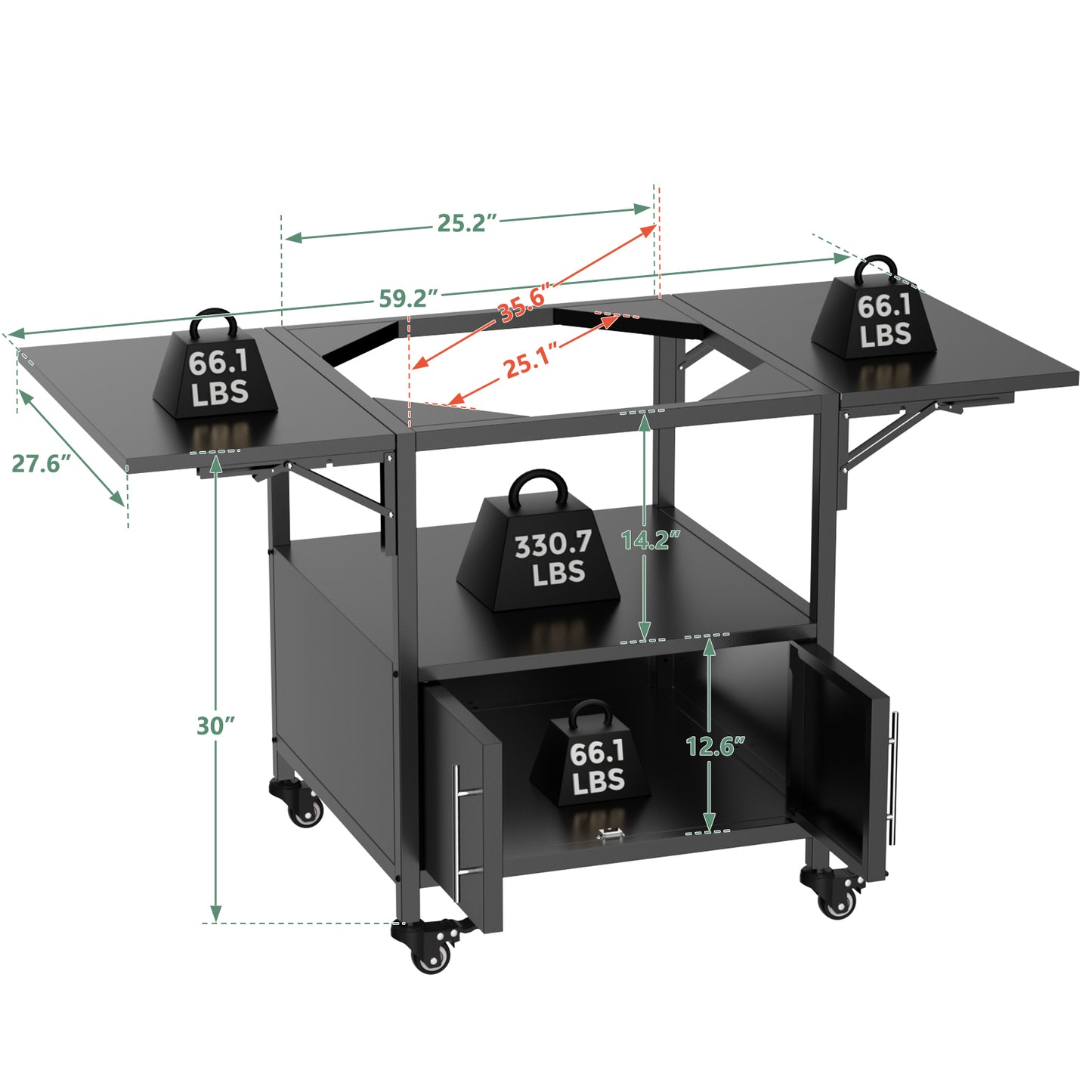 Outdoor Grill Table for Big Green Egg & Kamado Joe - Metal Cart with Folding Panels, Black