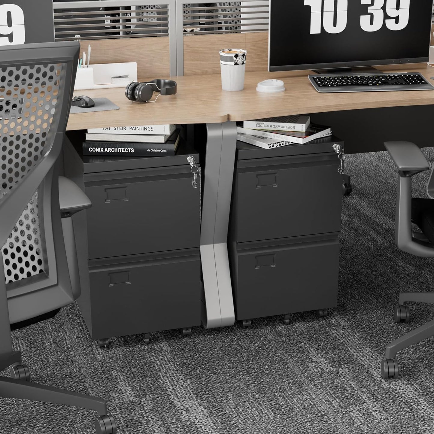 2-Drawer Mobile File Cabinet with Lock - Black Metal Storage