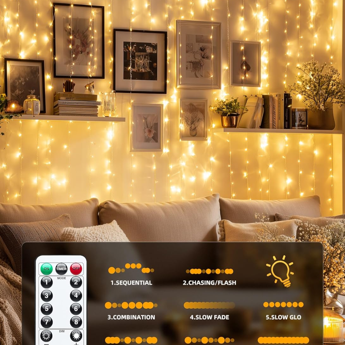300 LED Warm White Curtain String Lights - USB Plug-In, 8 Modes