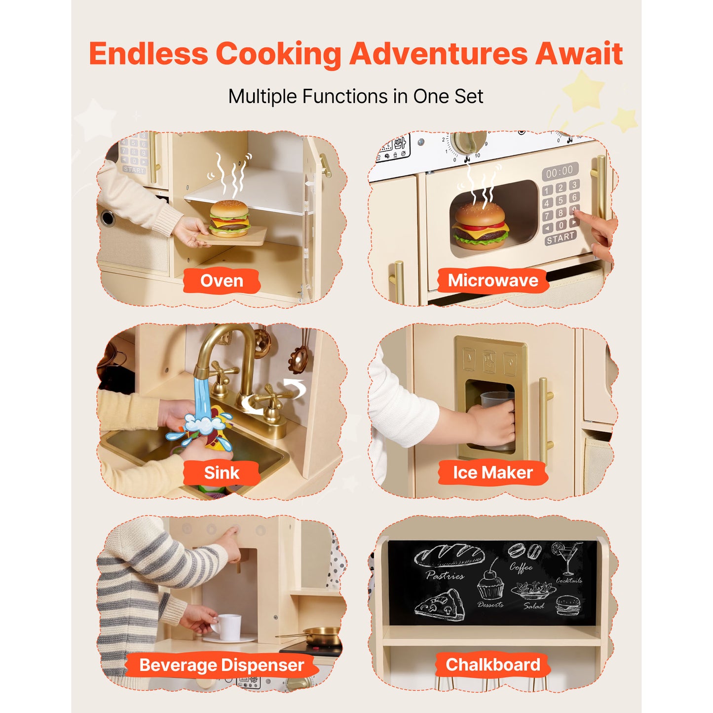 Wooden Play Kitchen Set for Kids with Lights & Sounds - Pretend Food & Cookware