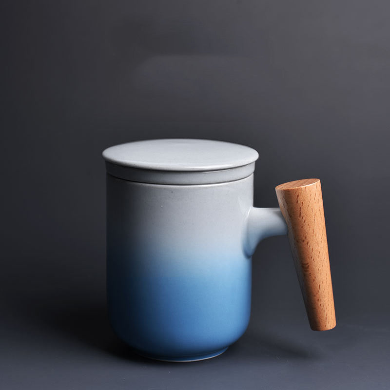 Ceramic Water Cup with Lid & Wooden Handle Large Capacity Drinkware