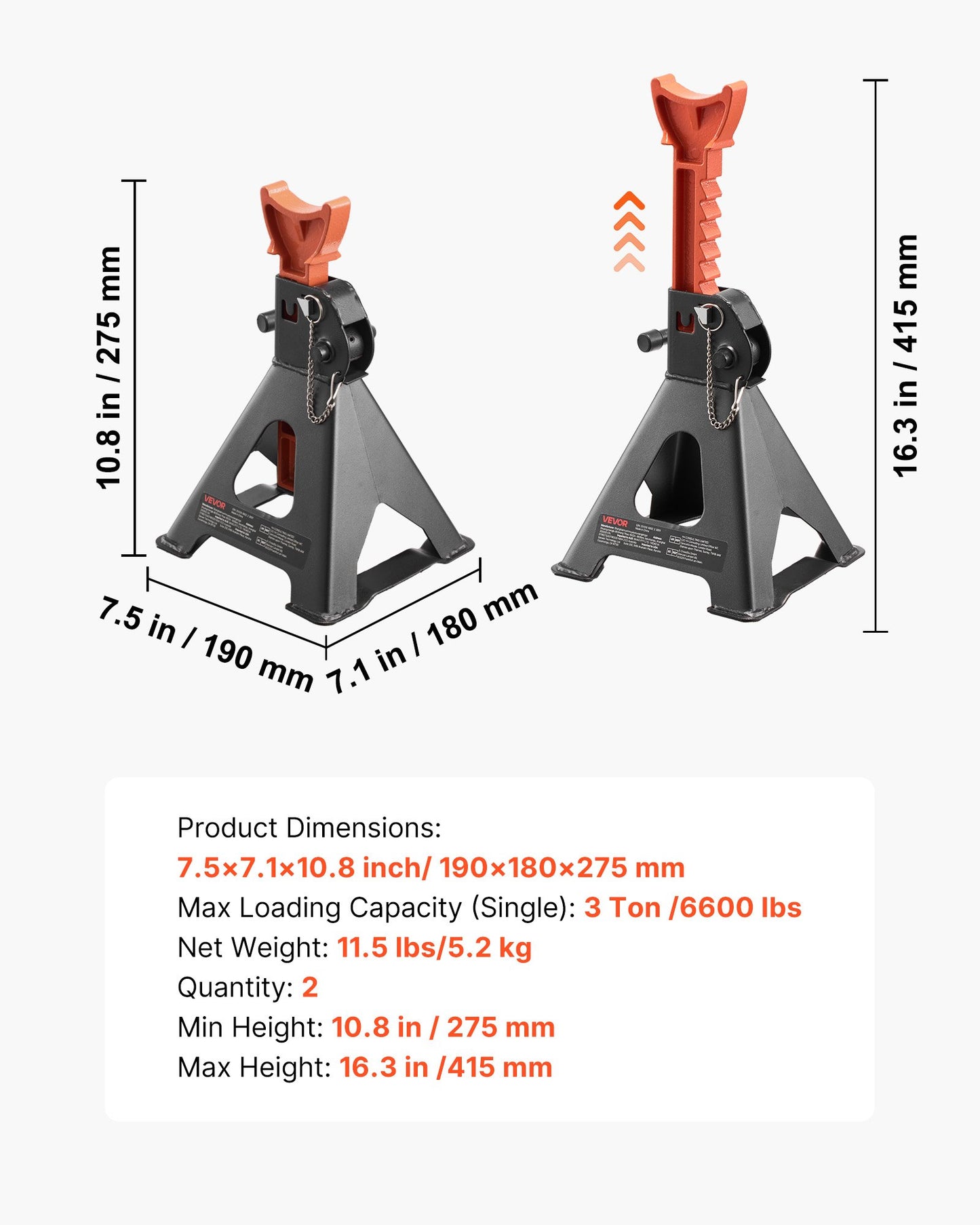 Heavy Duty 3 Ton Car Jack Stands - Adjustable Support for SUV, Pickup, ATV