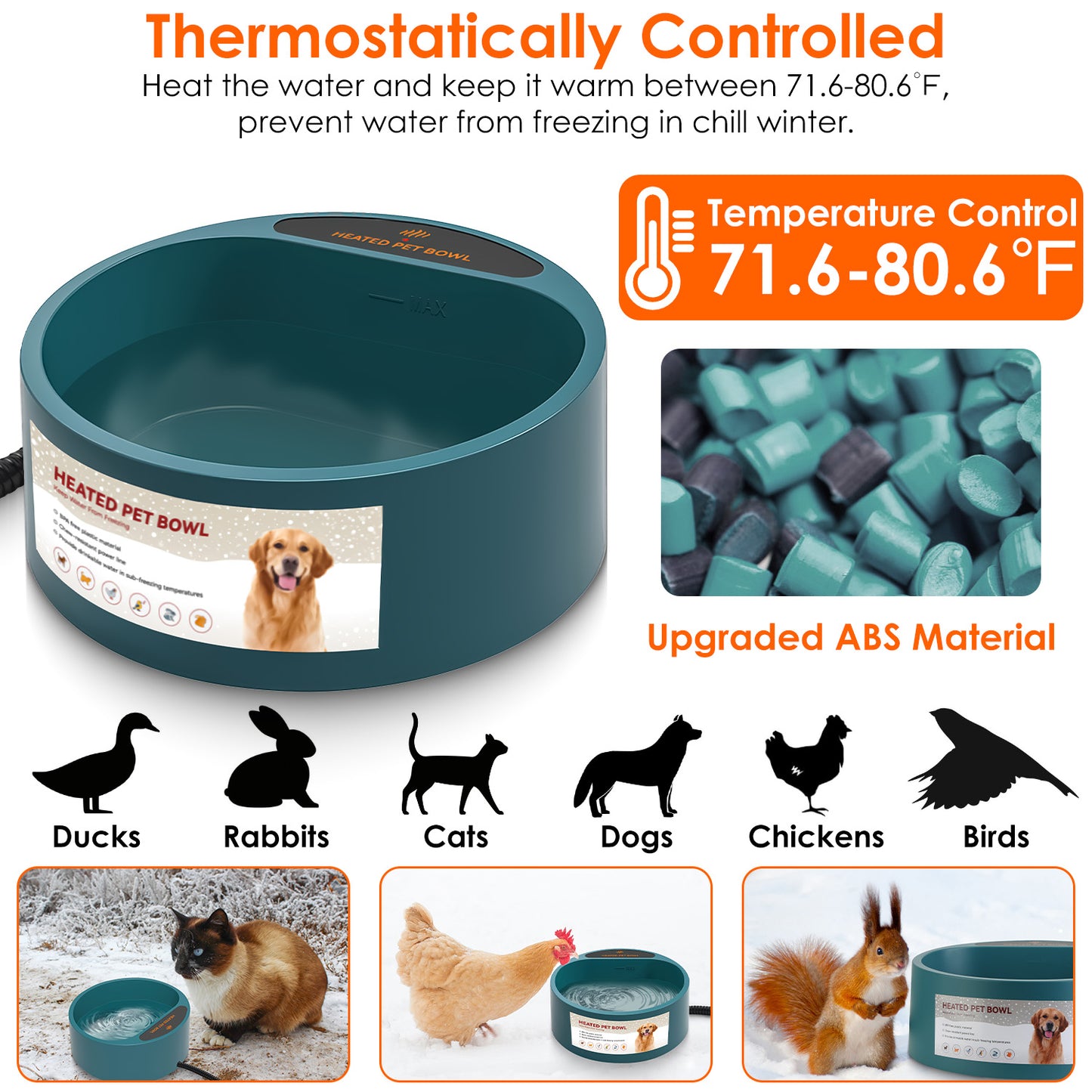 Heated Water Bowl for Dogs & Cats - 74.4oz IP67 Waterproof