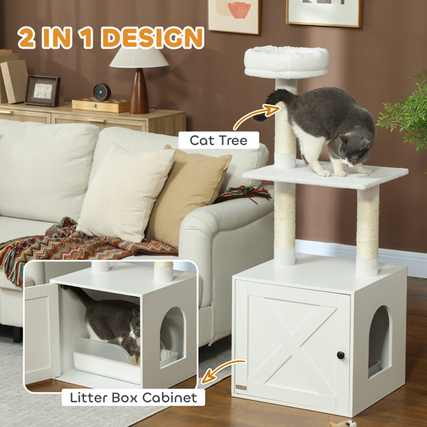Wooden Cat House with Climbing Tower and Litter Box Enclosure