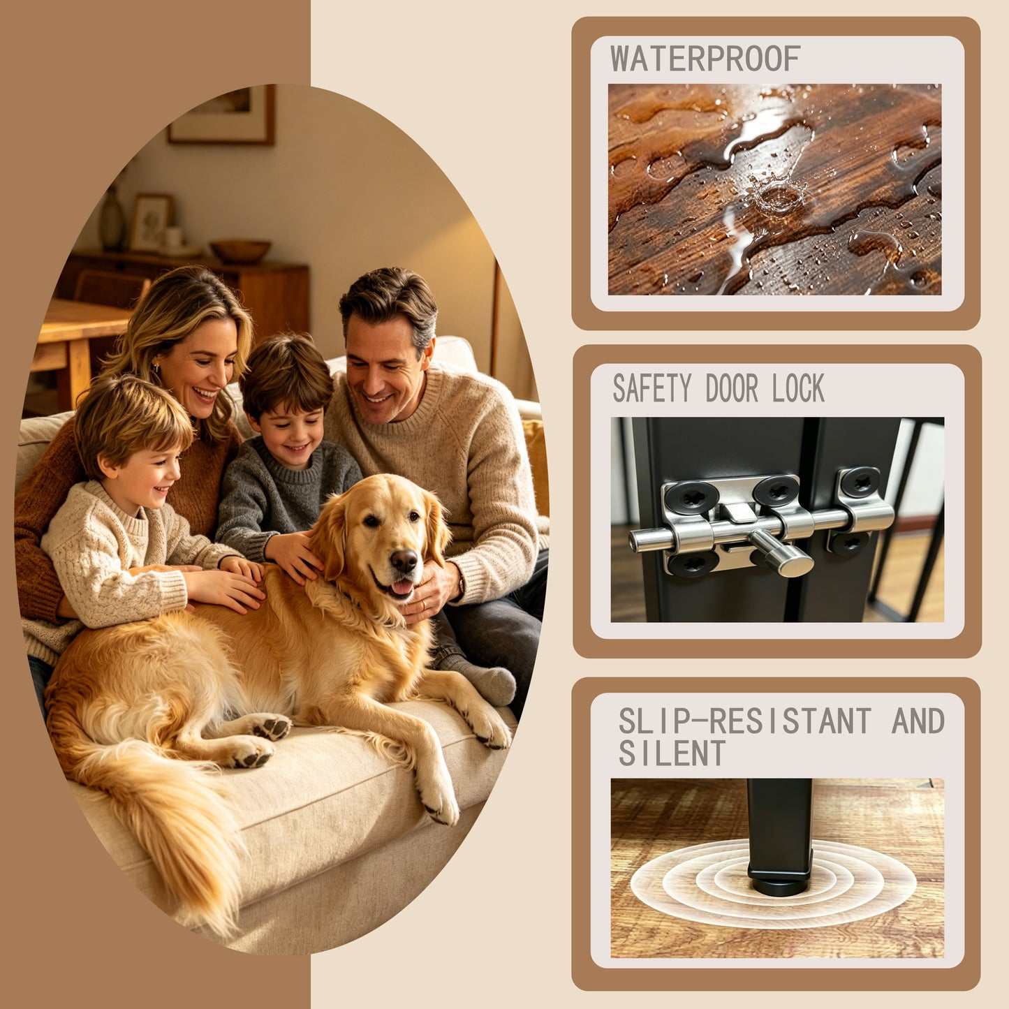 Wood Grain Dog Cage with Rotating Bowl and Silicone Safety Material - Pet Guardrails