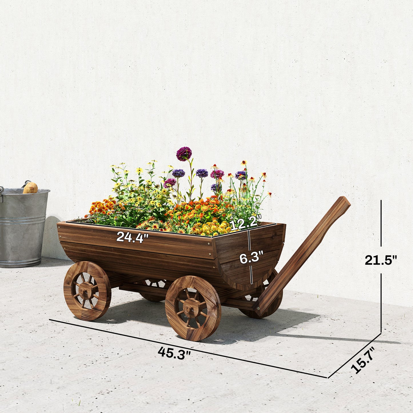 Wooden Wagon Planter Box with Wheels - Rustic Garden Flower Cart, Drainage Hole, Small Size