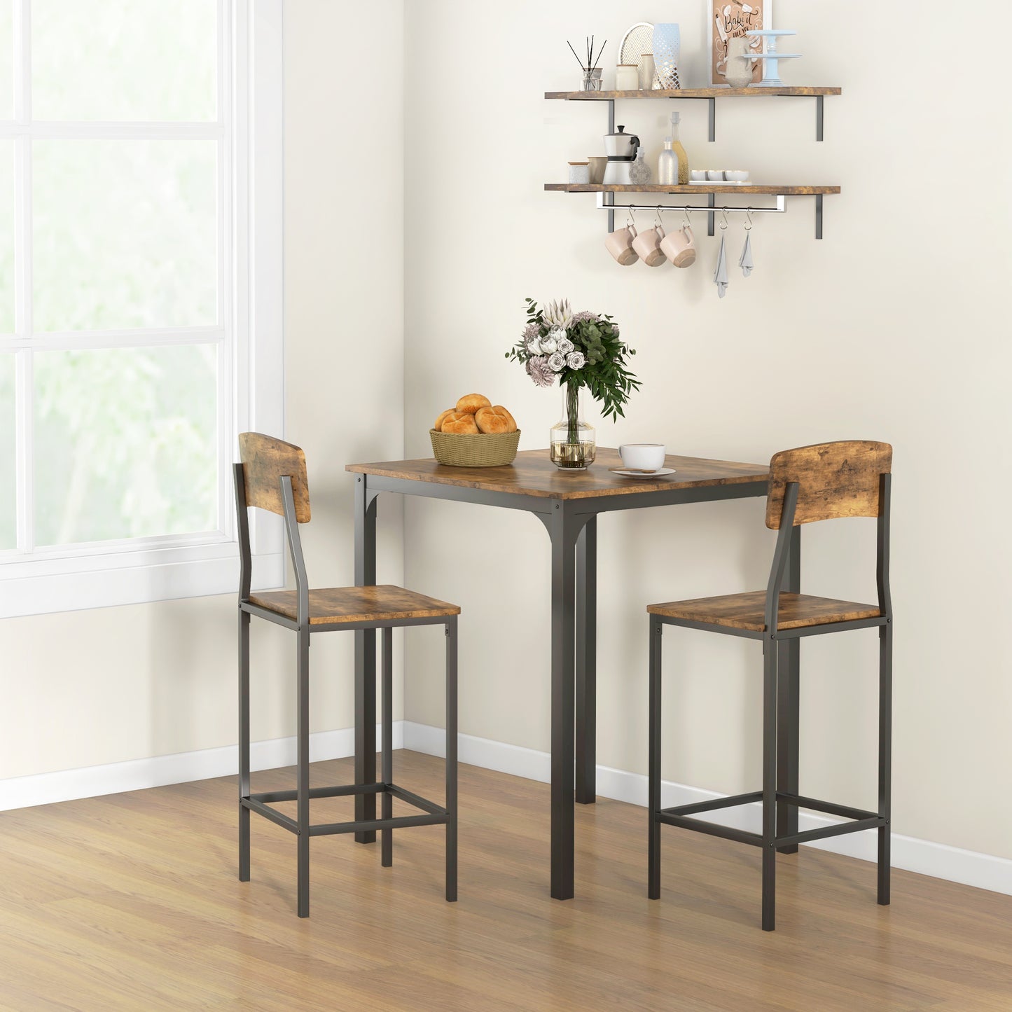 3-Piece Rustic Brown Dining Table Set with 2 Stools
