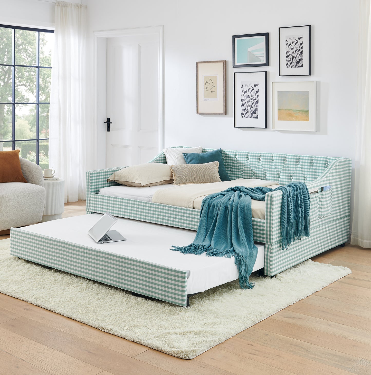 Full-Size Upholstered Daybed with Pull-Out Trundle & Storage - Cyan