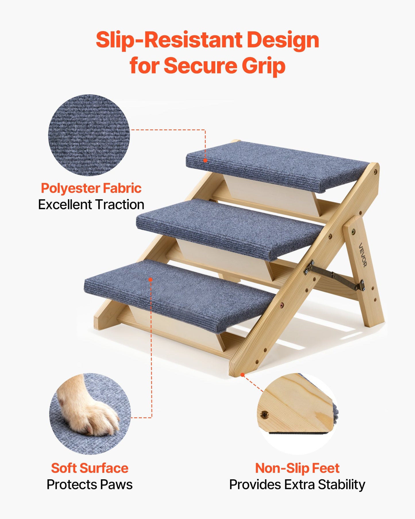 Wood Pet Stairs for Dogs and Cats - 3-Step Foldable Pet Ladder with Non-Slip Surface