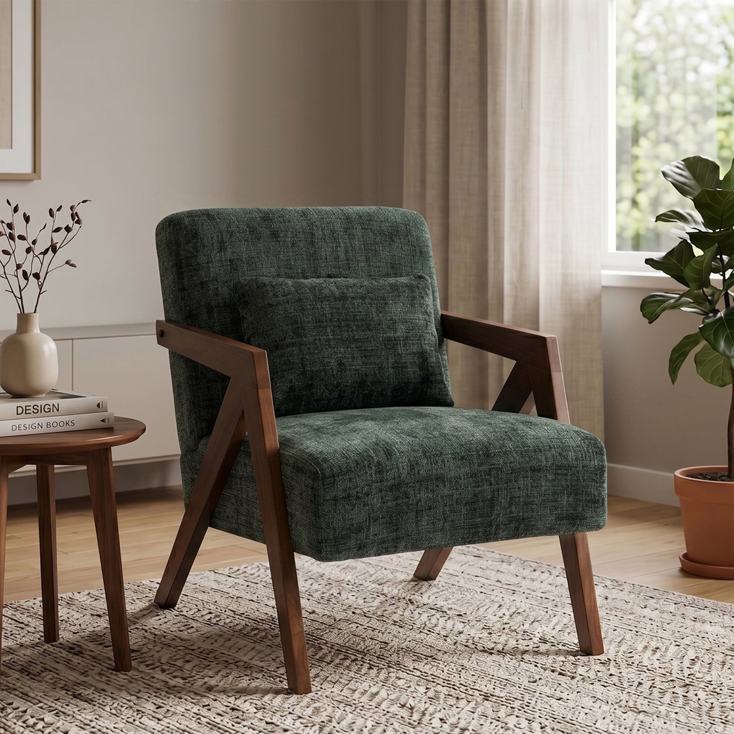 Mid-Century Modern Accent Chair - Dark Green Chenille Upholstered