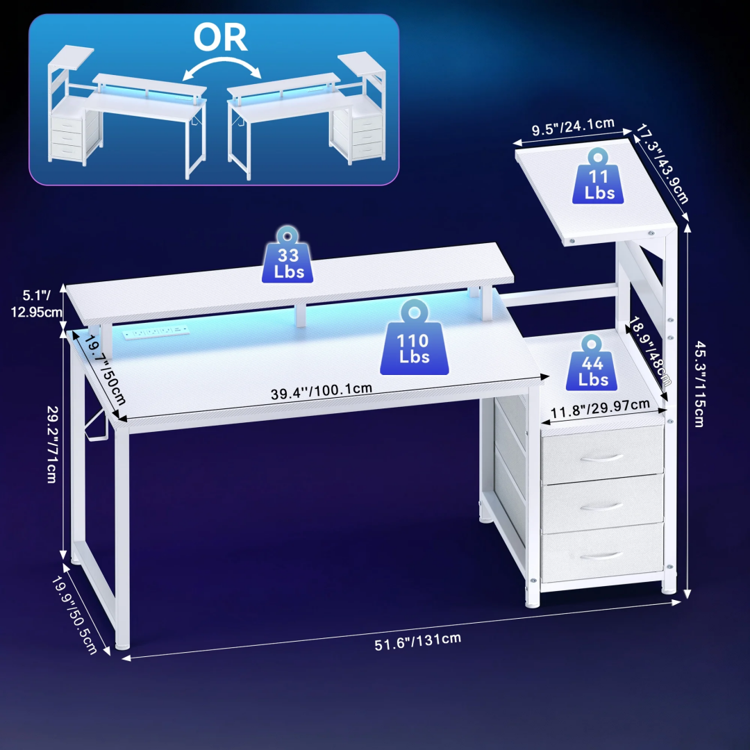 Gaming Desk with USB Ports & LED Lights - 52" with Drawers