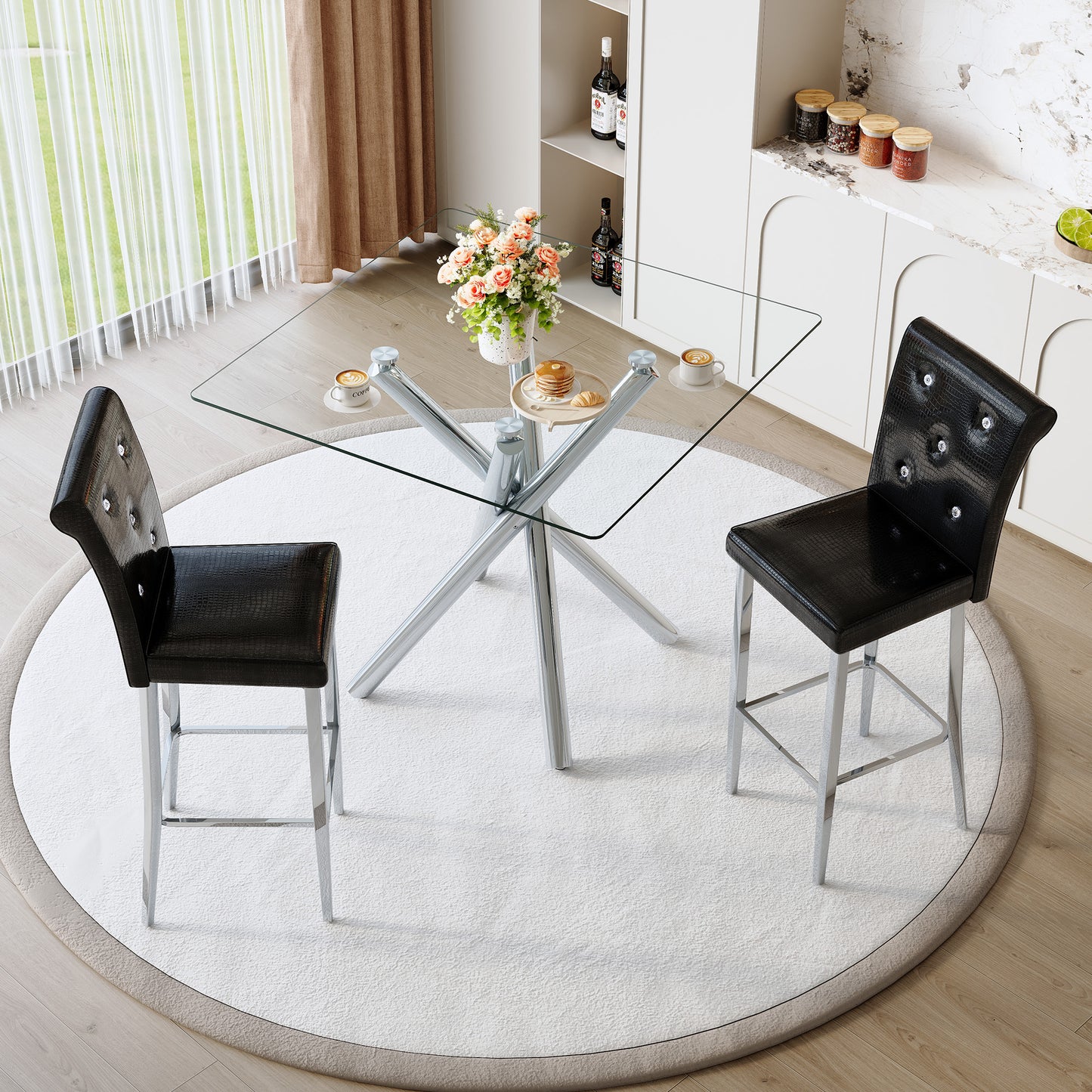 Modern Glass Bar Table Set with Fixed-Height Stools - Black & Silver